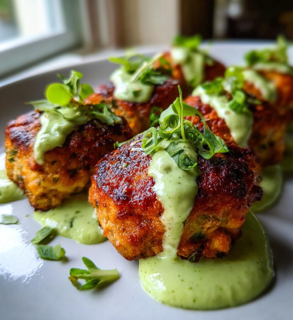 baked salmon meatballs with a tangy avocado sauce