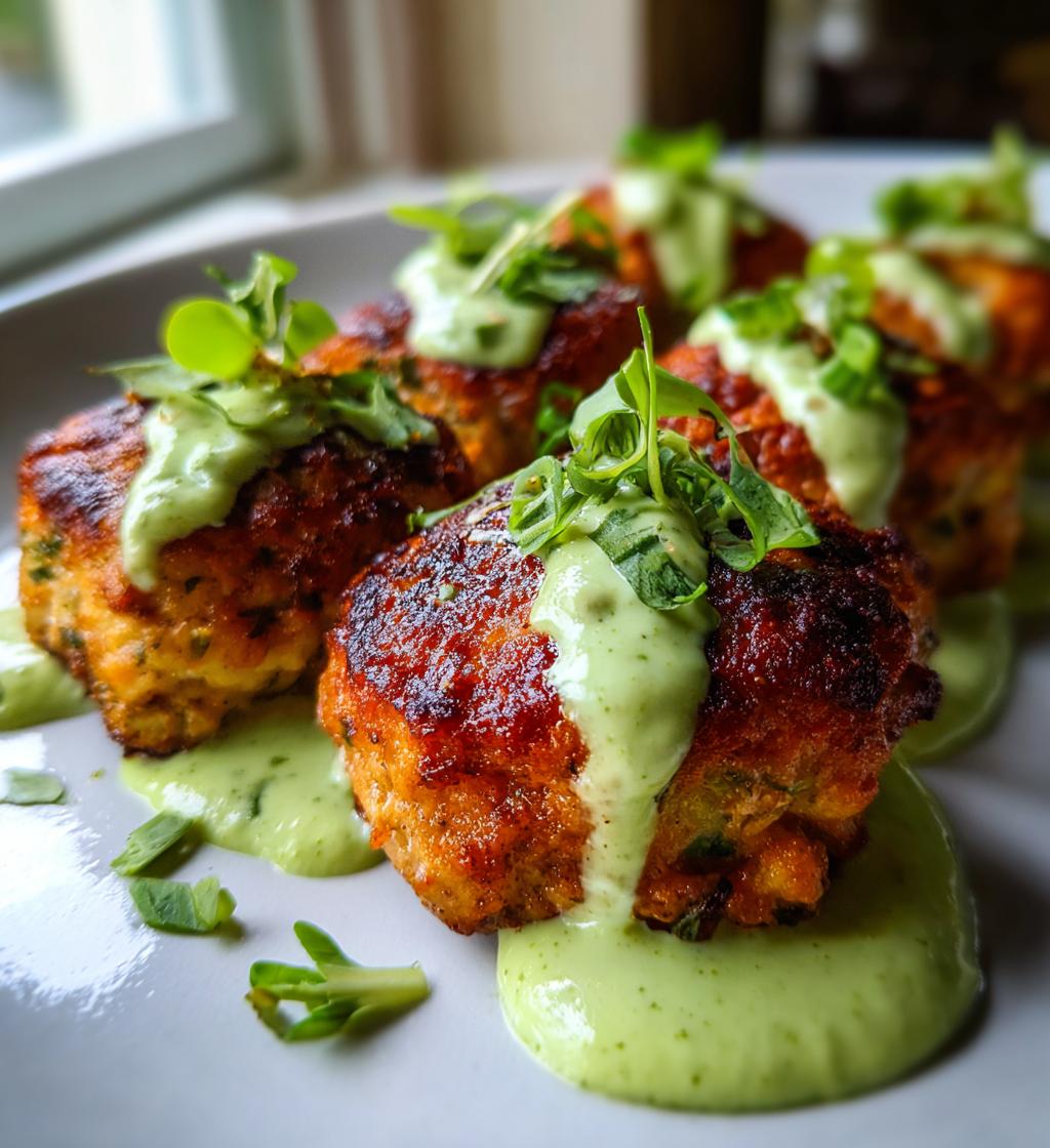 baked salmon meatballs with a tangy avocado sauce
