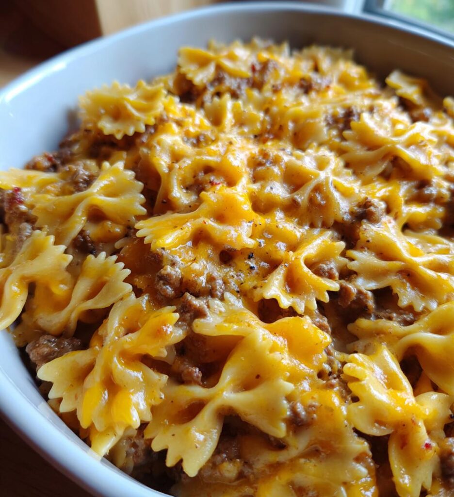 cheesy beef and bowtie pasta in garlic butter