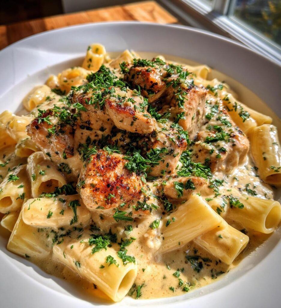 creamy garlic butter chicken and rigatoni in parmesan sauce