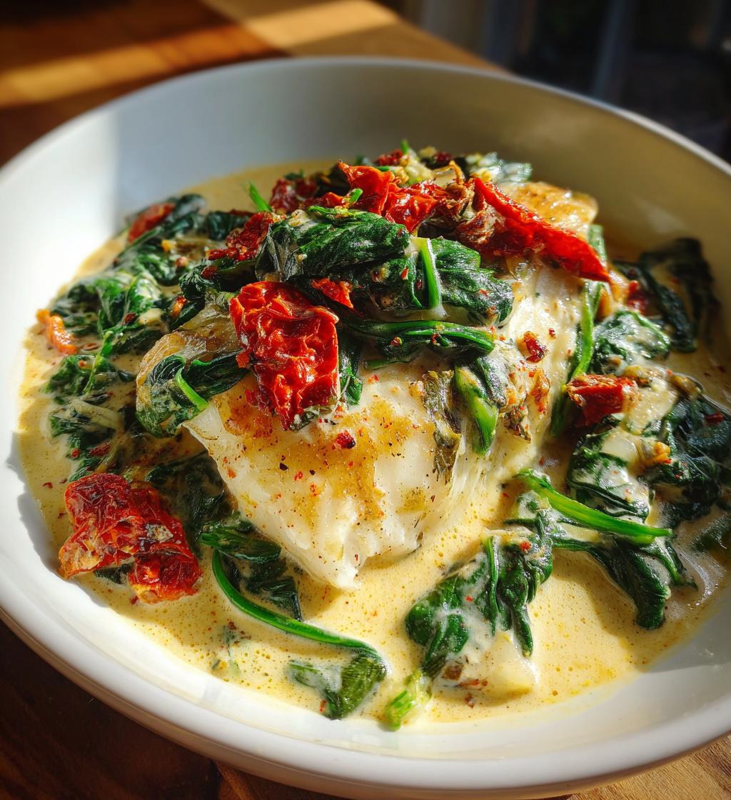 creamy keto tuscan cod with spinach and sun dried tomatoes