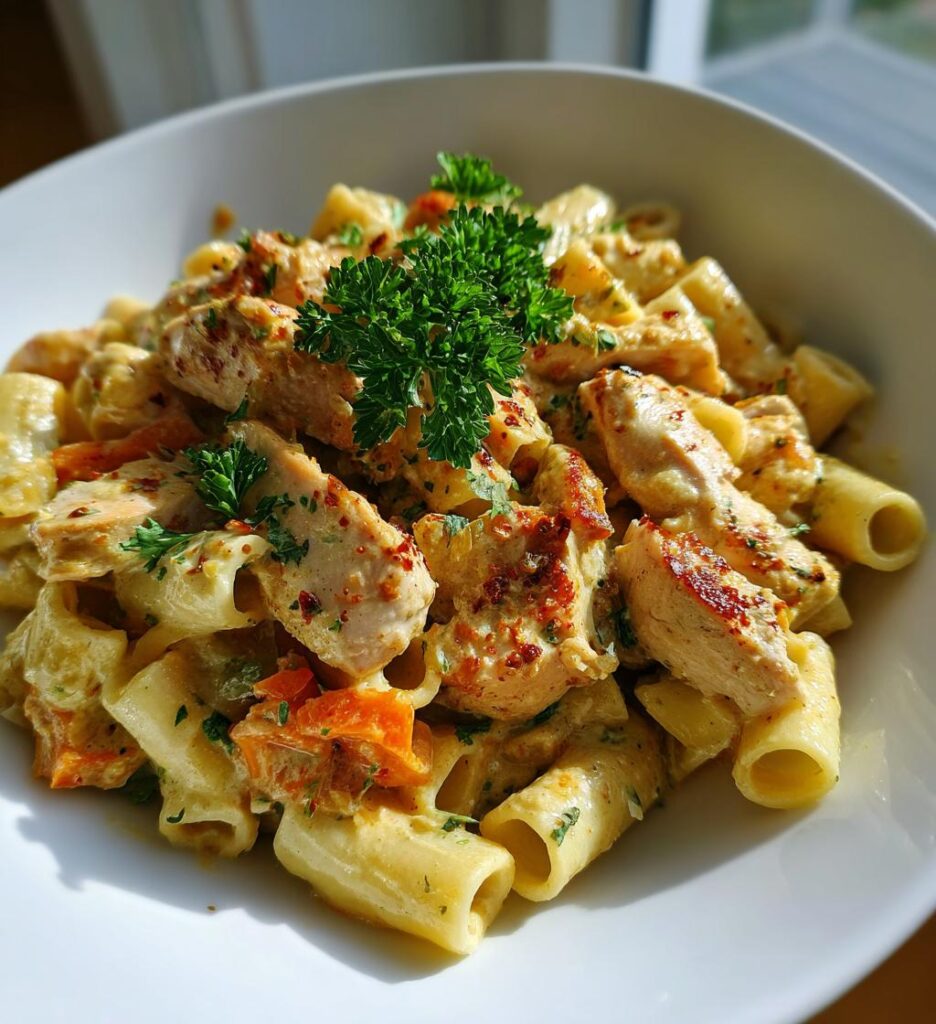 creamy parmesan chicken with rigatoni pasta