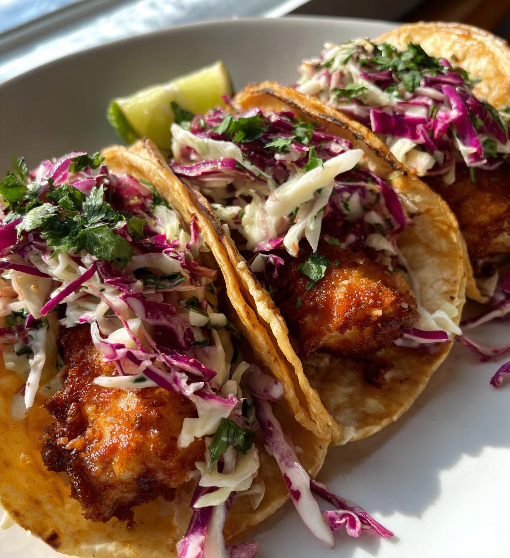 crispy fish tacos with cilantro lime slaw