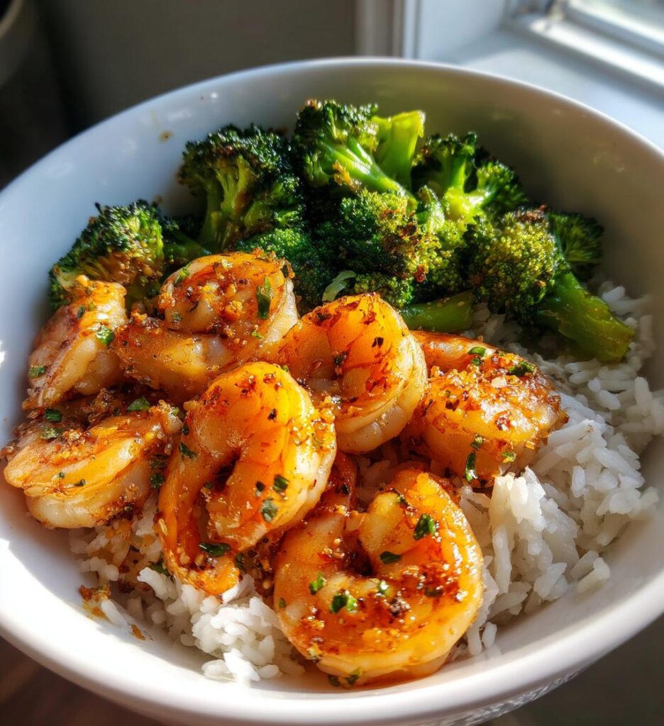 honey garlic shrimp bowls with roasted broccoli